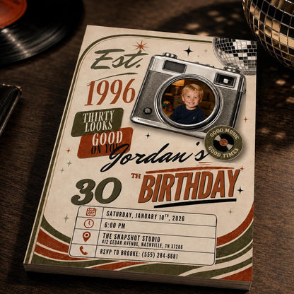 Vintage 30th Birthday Photo Invitation: Vintage 1996 Retro Camera Party for Him — 30th birthday party stationery by VoltBy