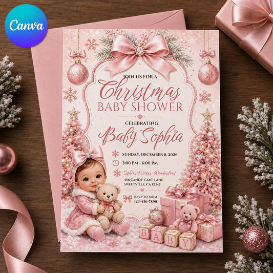 Christmas Baby Shower Invitation, Pink Bow Winter Wonderland Girl Shower, Coquette Holiday Baby Invite Editable Canva Template