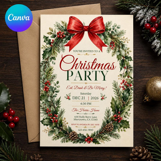 Christmas Party Invitation, Red Bow Greenery Wreath Holiday Invite, Classic Elegant Adult Party Editable Canva Template