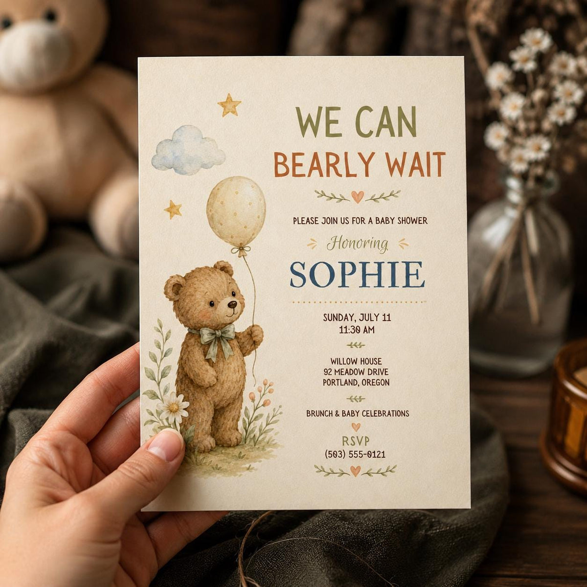 We Can Bearly Wait Baby Shower Invitation, Teddy Bear Balloon Invite, Gender Neutral Editable Printable Canva Template