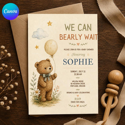 We Can Bearly Wait Baby Shower Invitation, Teddy Bear Balloon Invite, Gender Neutral Editable Printable Canva Template