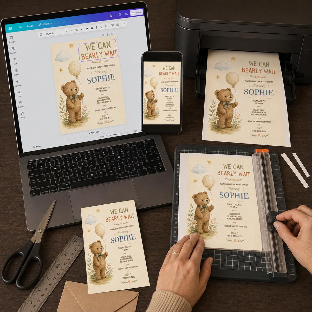 We Can Bearly Wait Baby Shower Invitation, Teddy Bear Balloon Invite, Gender Neutral Editable Printable Canva Template