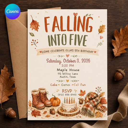 5th Birthday Invitation Fall, Falling Into Five Autumn Party Invite, Pumpkin Kids Editable Printable Canva Template