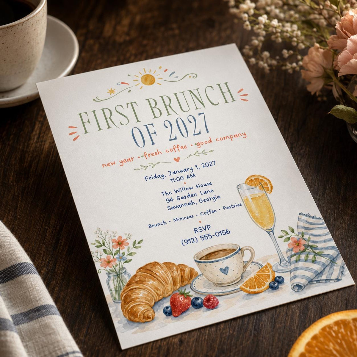 New Years Day Brunch Invitation, 2027 Brunch Party Invite, Watercolor Breakfast Mimosa Printable, Editable Canva Template