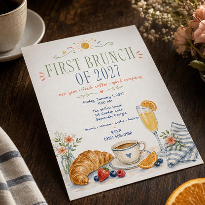 New Years Day Brunch Invitation, 2027 Brunch Party Invite, Watercolor Breakfast Mimosa Printable, Editable Canva Template