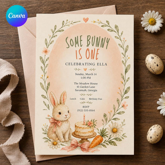Some Bunny Is One 1st Birthday Invitation, Bunny Birthday Girl Invite, Watercolor Floral Spring Party, Editable Canva Template