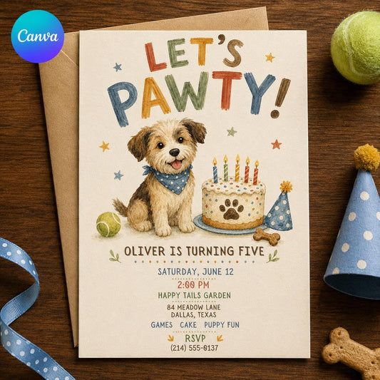 Puppy Birthday Invitation, Let's Pawty 5th Birthday Dog Theme Party Invite, Editable Printable Canva Template