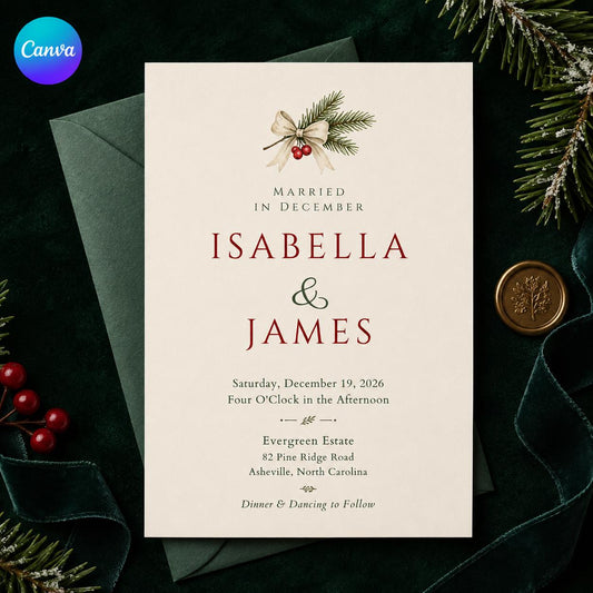 Christmas Wedding Invitation, Winter Wedding Invite, Elegant Evergreen Berry Editable Printable Canva Template