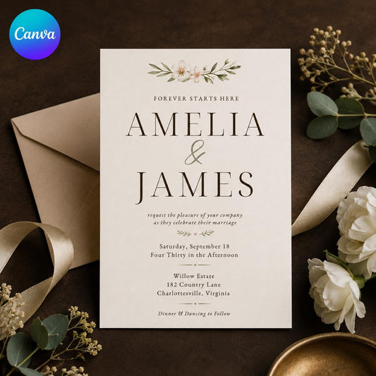 Minimalist Wedding Invitation, Botanical Greenery Wedding Invite, Elegant Simple Floral Printable, Editable Canva Template