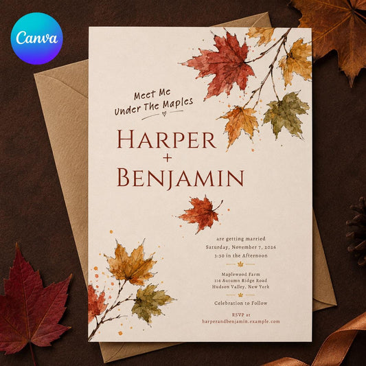 Fall Wedding Invitation, Autumn Maple Leaf Watercolor Wedding Invite, Rustic Editable Printable Canva Template