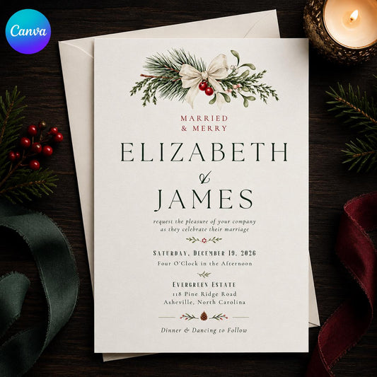 Christmas Wedding Invitation, Married and Merry Winter Greenery Invite, Elegant Holiday Wedding, Editable Printable Canva Template