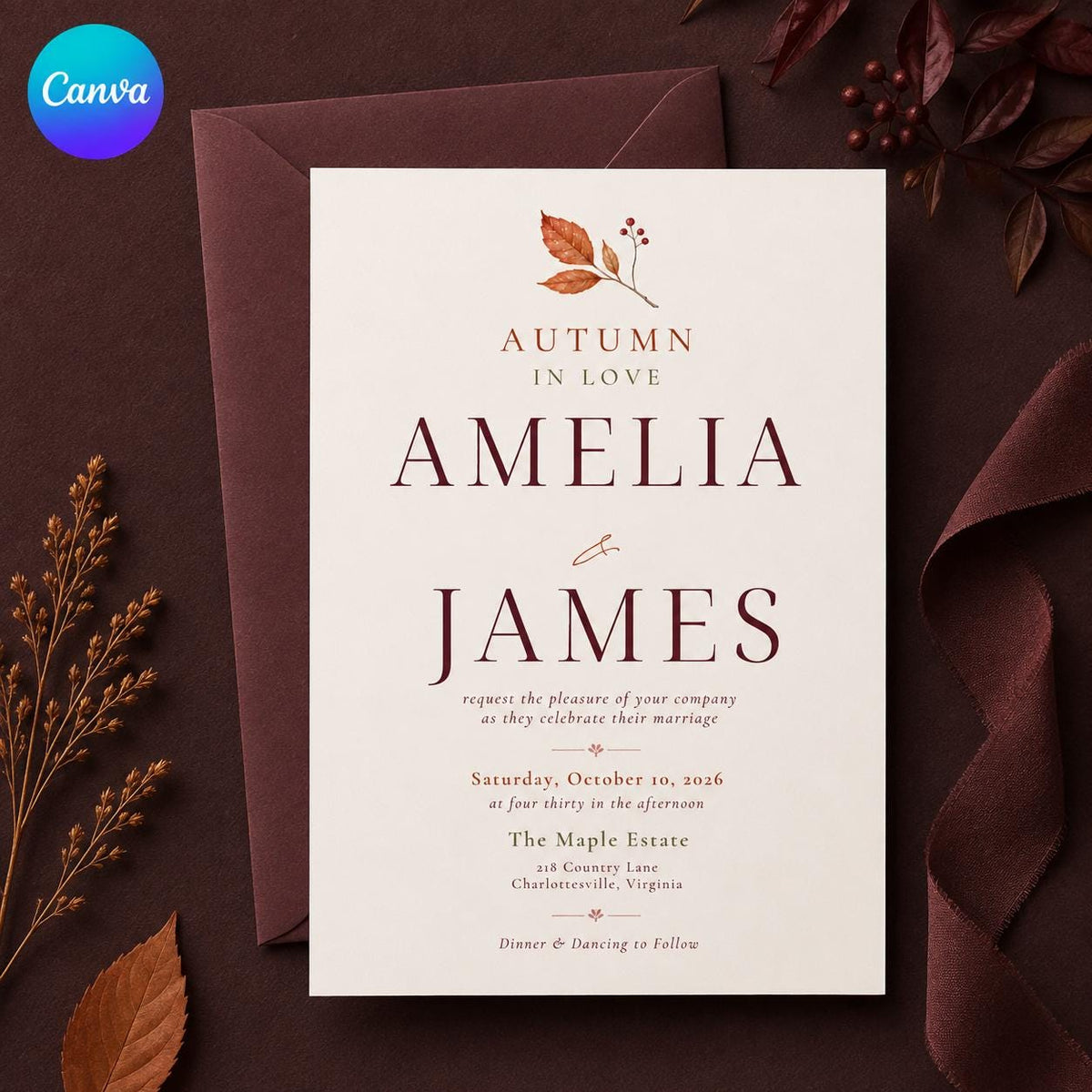 Minimalist Elegant Fall Wedding Invitation — editable Canva template