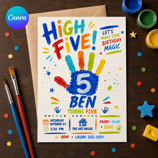 High Five 5th Birthday Invitation, Kids Art Party Invite, Handprint Turning Five Birthday, Editable Canva Template