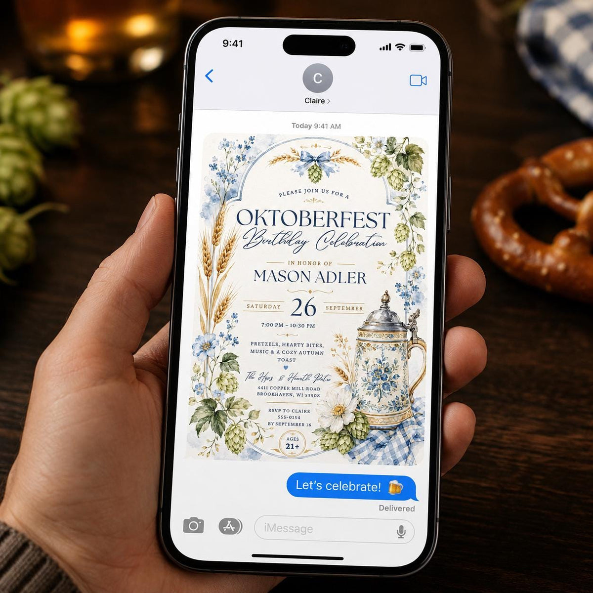 Oktoberfest Birthday Invitation, Watercolor Bavarian Beer Party Invite, Blue Floral Pretzel Celebration, Editable Canva Template