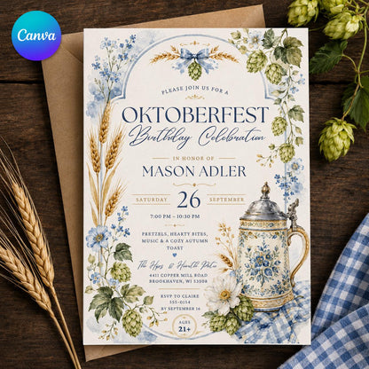 Oktoberfest Birthday Invitation, Watercolor Bavarian Beer Party Invite, Blue Floral Pretzel Celebration, Editable Canva Template