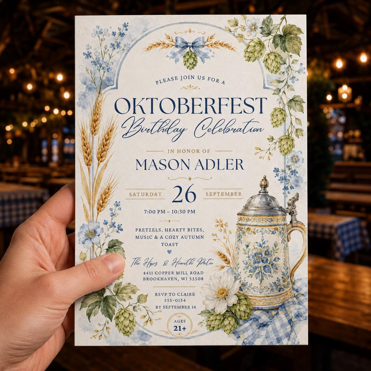 Oktoberfest Birthday Invitation, Watercolor Bavarian Beer Party Invite, Blue Floral Pretzel Celebration, Editable Canva Template