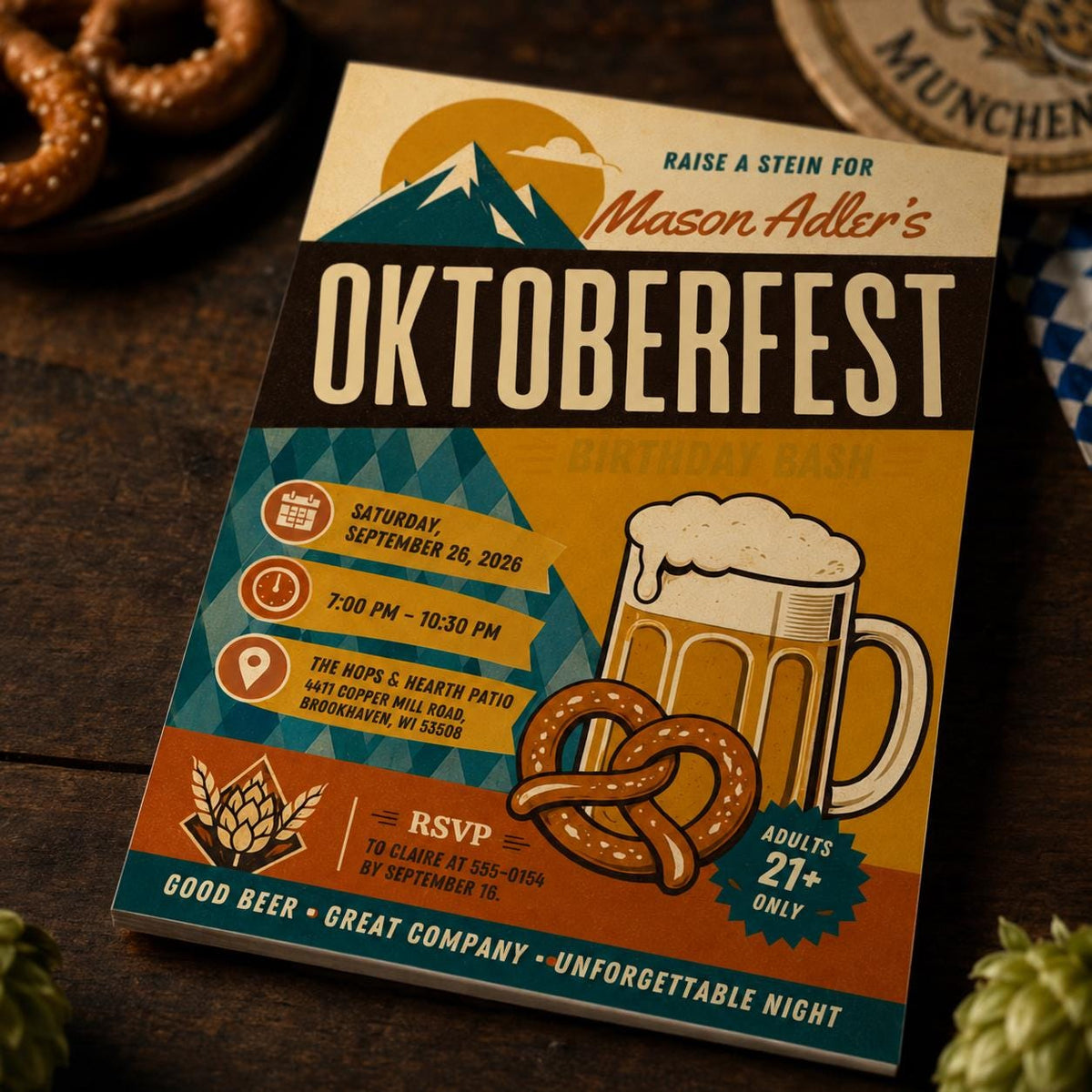 Oktoberfest Birthday Invitation, Retro Beer Pretzel Party Invite, Bavarian Adult Celebration Editable Canva Template
