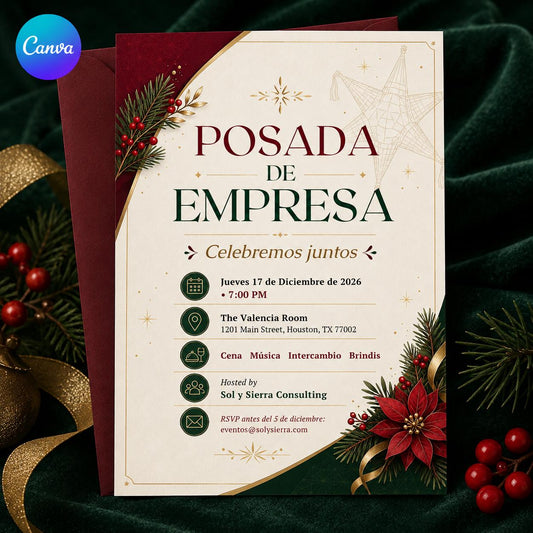 Posada Navideña Invitation, Corporate Christmas Party, Spanish Holiday Fiesta Elegant Editable Canva Template
