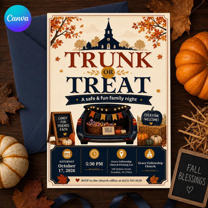 Trunk or Treat Invitation, Church Halloween Flyer, Fall Festival Party Invite, Family Trunk or Treat, Editable Canva Template