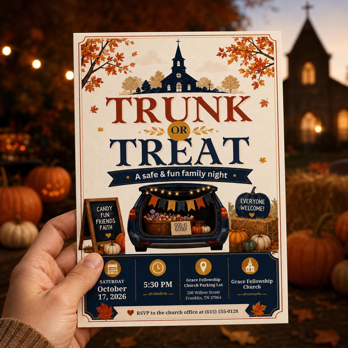 Trunk or Treat Invitation, Church Halloween Flyer, Fall Festival Party Invite, Family Trunk or Treat, Editable Canva Template