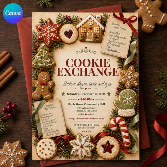 Christmas Cookie Exchange Invitation, Holiday Cookie Swap Party, Gingerbread Baking Invite, Vintage Christmas, Editable Canva Template