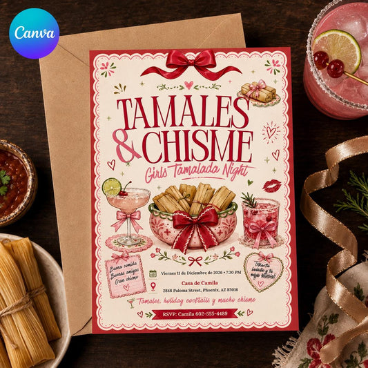 Tamale Party Invitation, Tamalada Girls Night, Tamales and Chisme Christmas Invite, Pink Bow Editable Canva Template