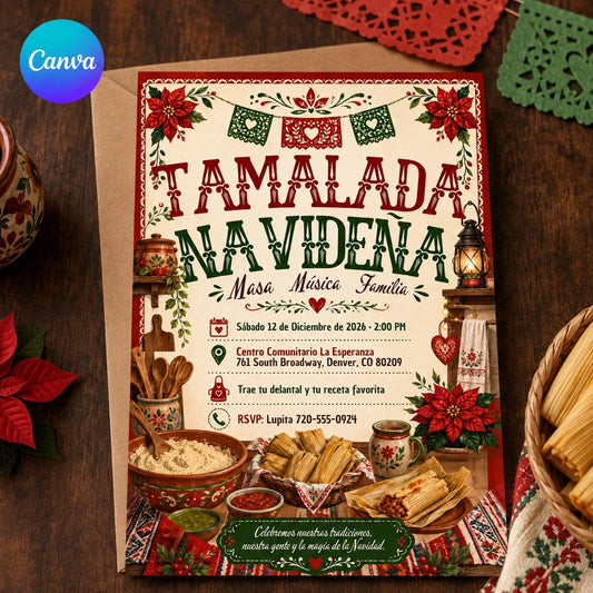 Christmas Tamalada Invitation, Tamale Making Party, Mexican Holiday Family Gathering, Spanish Navidad Editable Canva Template