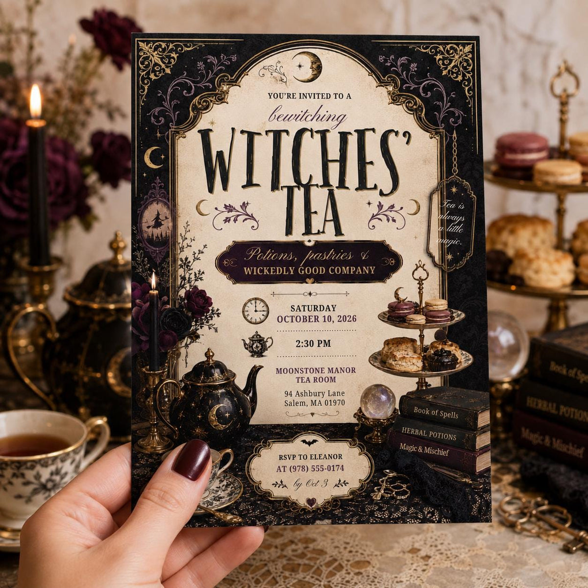 Vintage Gothic Witch Tea Party Invitation — print-ready Halloween party design from VoltBy