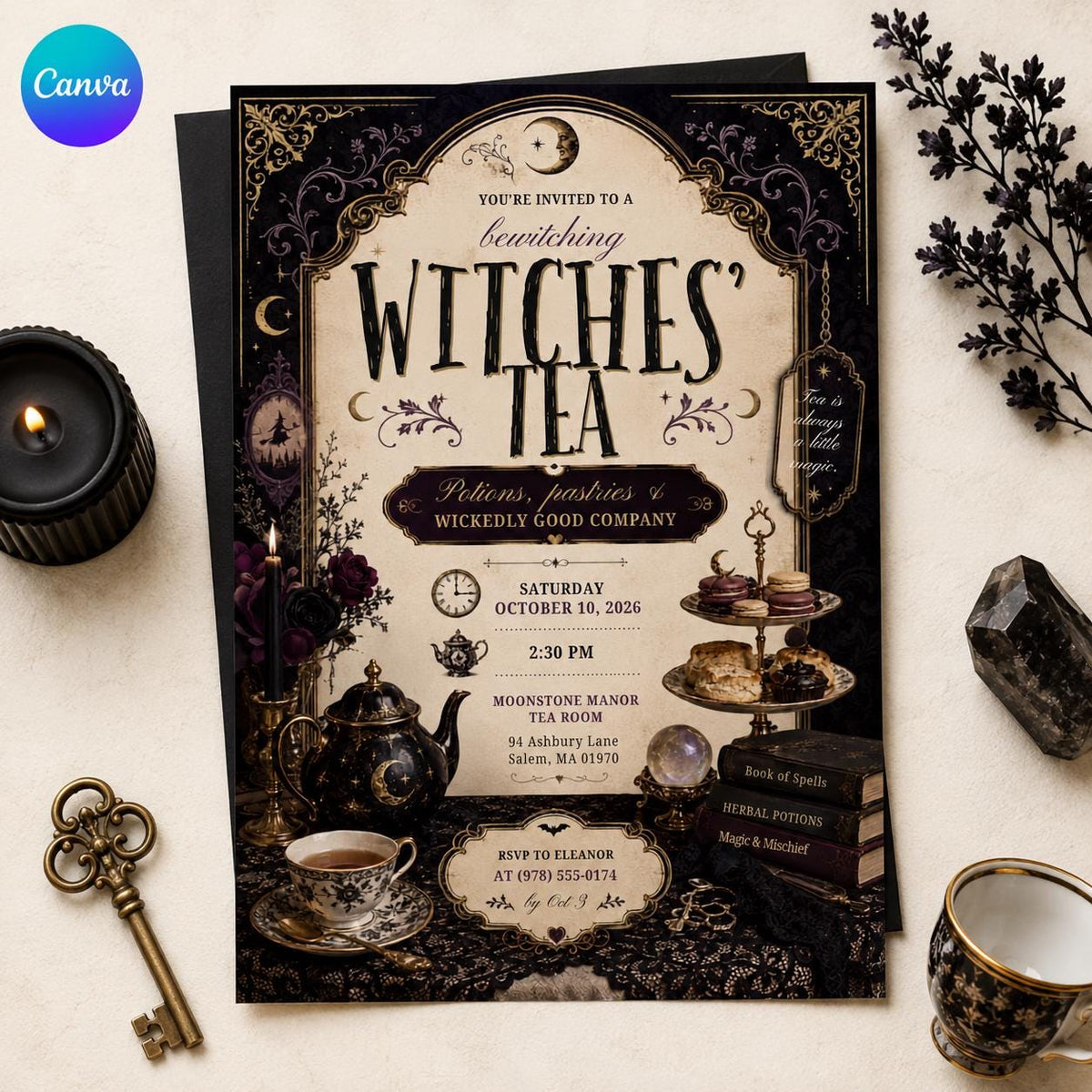 Vintage Gothic Witch Tea Party Invitation — editable Canva template