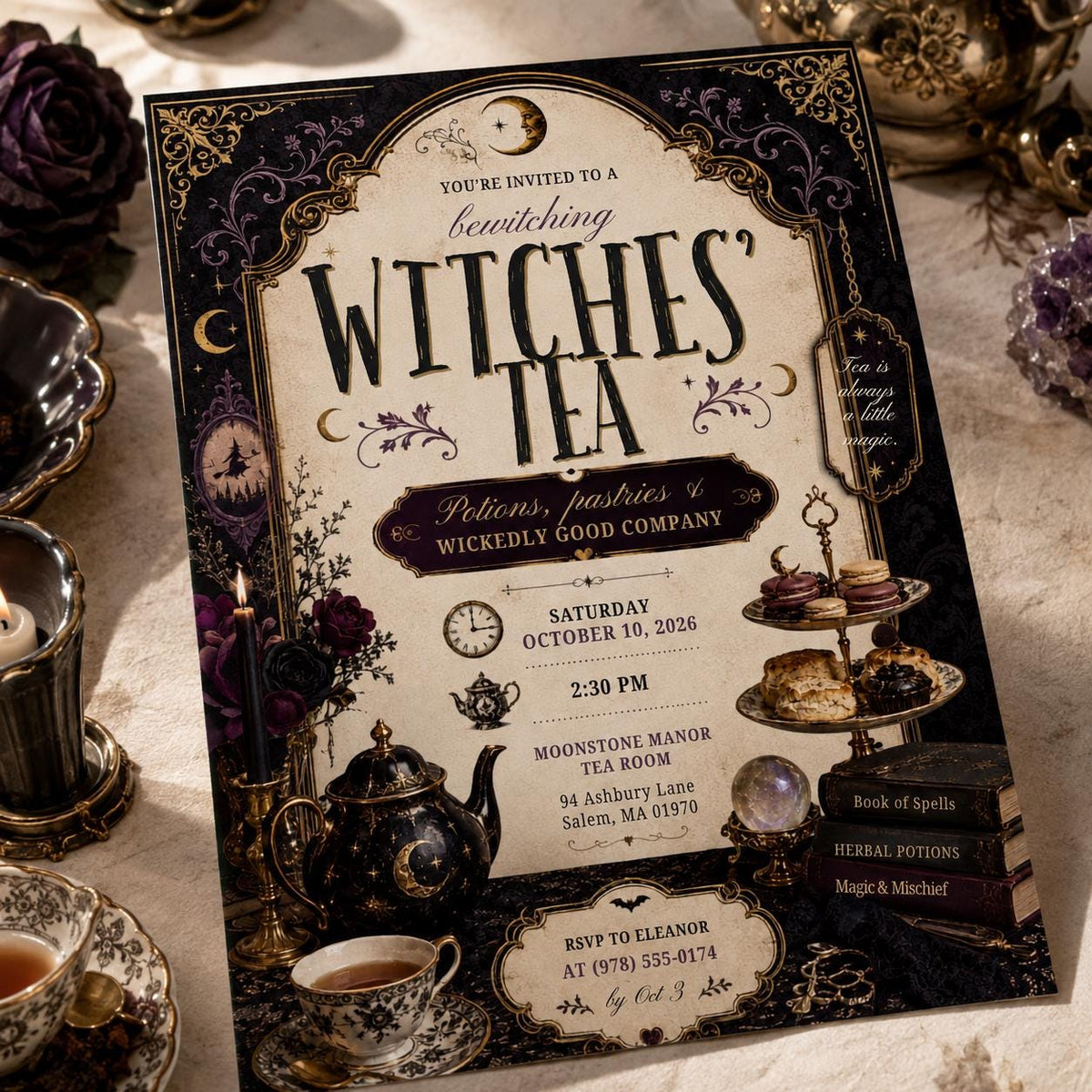 Vintage Gothic Witch Tea Party Invitation — Halloween party stationery by VoltBy