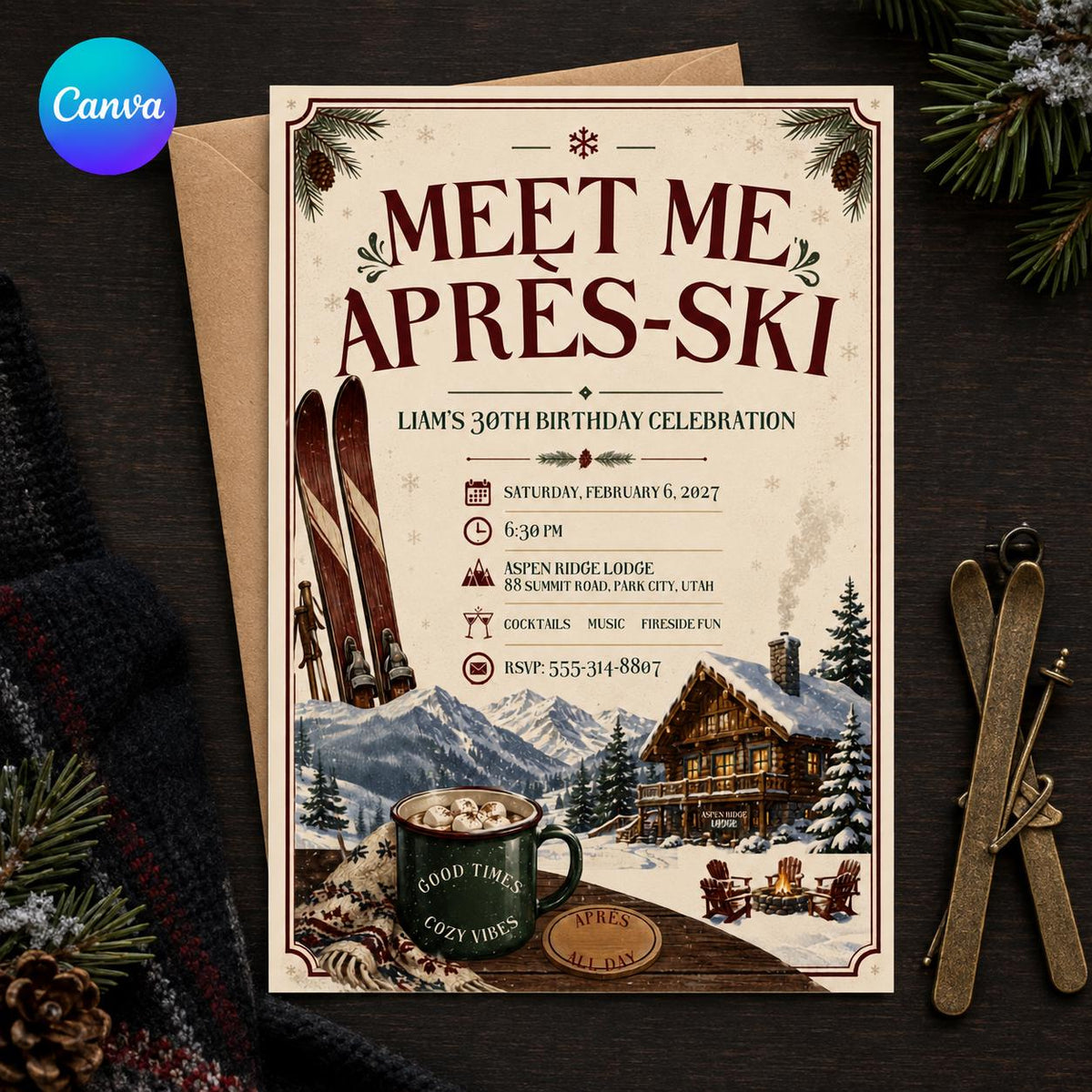 Apres-Ski Birthday Invitation, Rustic Ski Lodge 30th Birthday Party, Winter Mountain Canva Template
