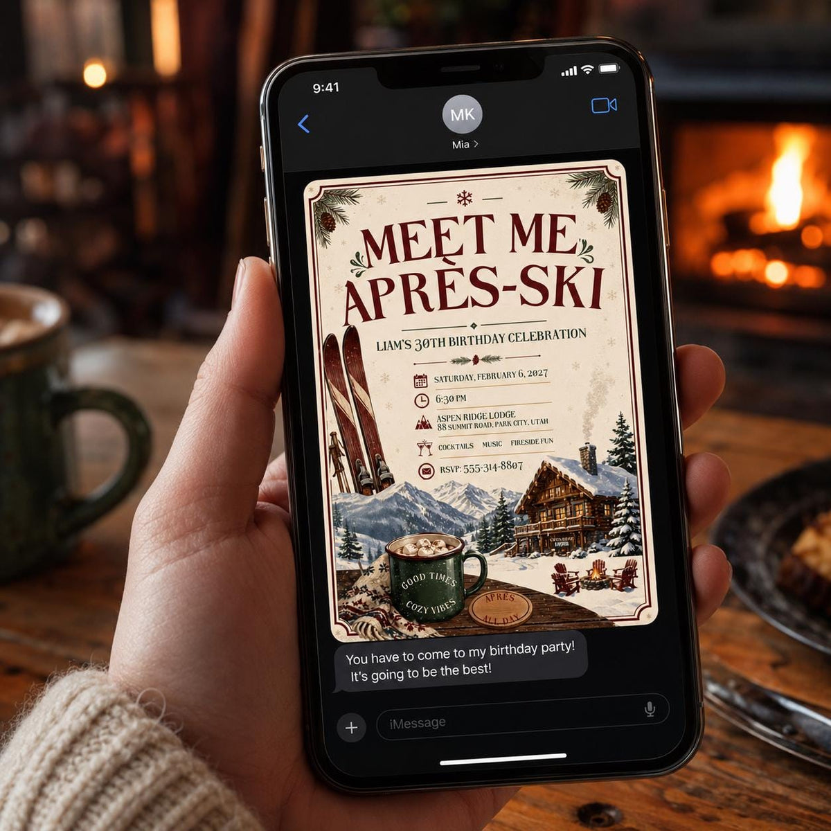 Apres-Ski Birthday Invitation, Rustic Ski Lodge 30th Birthday Party, Winter Mountain Canva Template