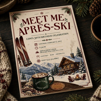 Apres-Ski Birthday Invitation, Rustic Ski Lodge 30th Birthday Party, Winter Mountain Canva Template