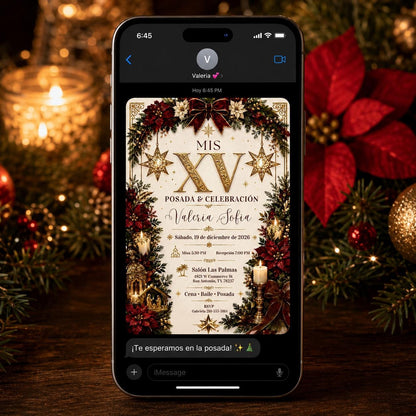 Mis XV Posada Invitation, Christmas Quinceanera, Spanish Holiday XV Anos Party Canva Template