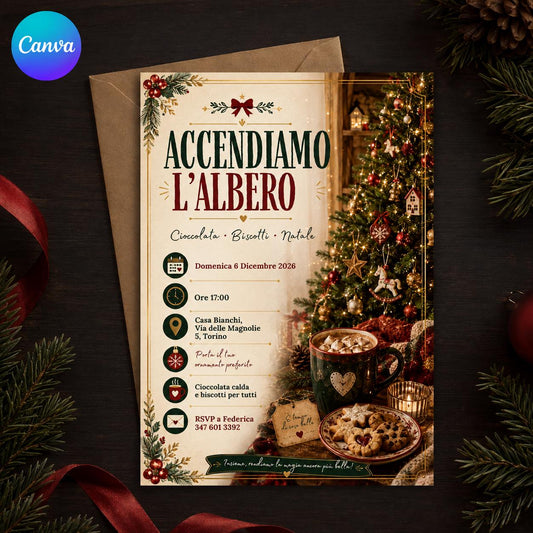 Italian Christmas Tree Lighting Invitation, Accendiamo l'Albero Party Canva Template