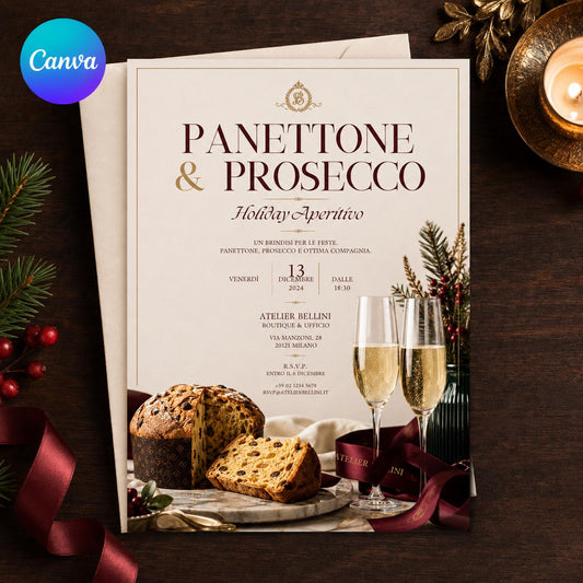 Italian Holiday Aperitivo Invitation, Panettone and Prosecco Christmas Party Invite, Elegant Event, Editable Canva Template