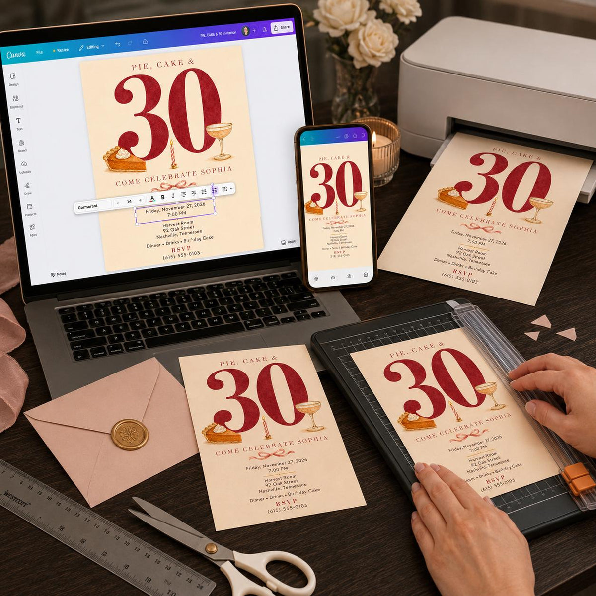 30th Birthday Invitation, Pie and Cake Birthday Dinner Invite, Coquette Minimalist Party, Editable Canva Template