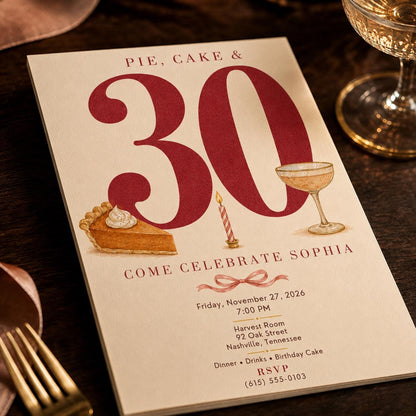 30th Birthday Invitation, Pie and Cake Birthday Dinner Invite, Coquette Minimalist Party, Editable Canva Template