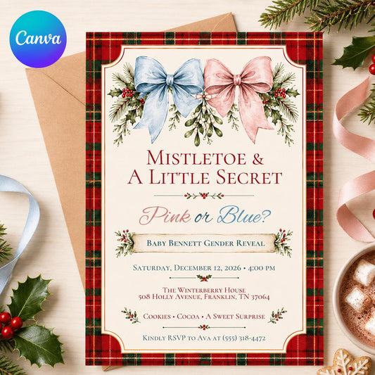 Christmas Gender Reveal Invitation, Mistletoe Little Secret Pink or Blue Holiday Baby Reveal Canva Template