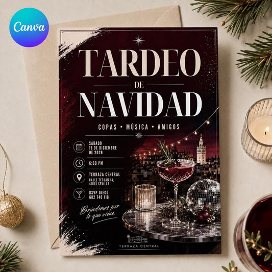 Tardeo de Navidad Invitation, Spanish Christmas Cocktail Party, Festive Drinks and Friends Canva Template