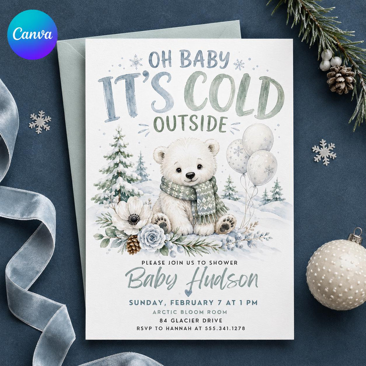 Blue Watercolor Winter Baby Shower Invitation — editable Canva template
