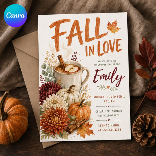 Fall in Love Bridal Shower Invitation, Autumn Pumpkin Shower Invite, Rustic Fall Wedding Shower, Editable Canva Template