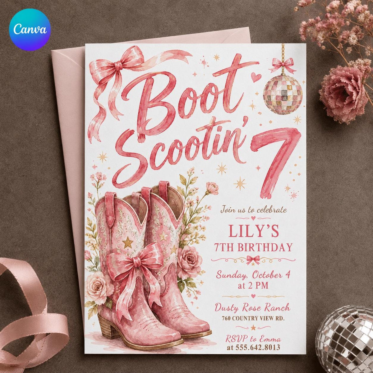 Disco Pink Cowgirl 7th Birthday Invitation for Girls — editable Canva template