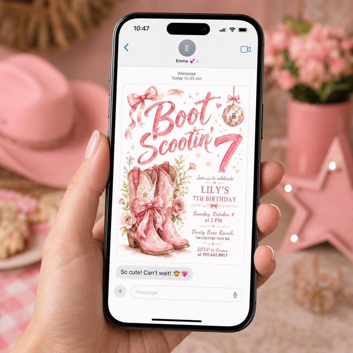 Disco Pink Cowgirl 7th Birthday Invitation for Girls — cowboy and ball design