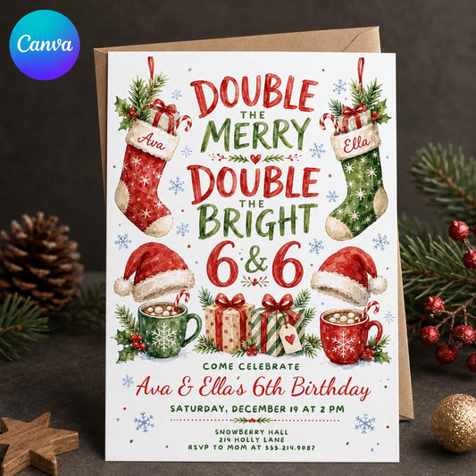 Christmas Twin Birthday Invitation, Double 6th Birthday Party Invite, Watercolor Holiday Girls Invitation, Editable Canva Template