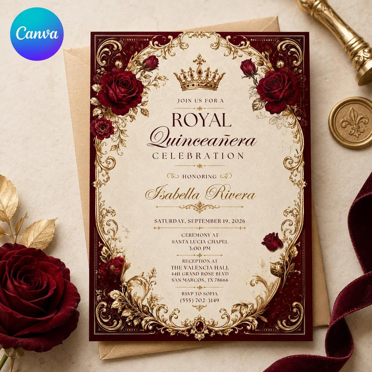 Red Elegant Burgundy Gold Quinceanera Invitation — editable Canva template