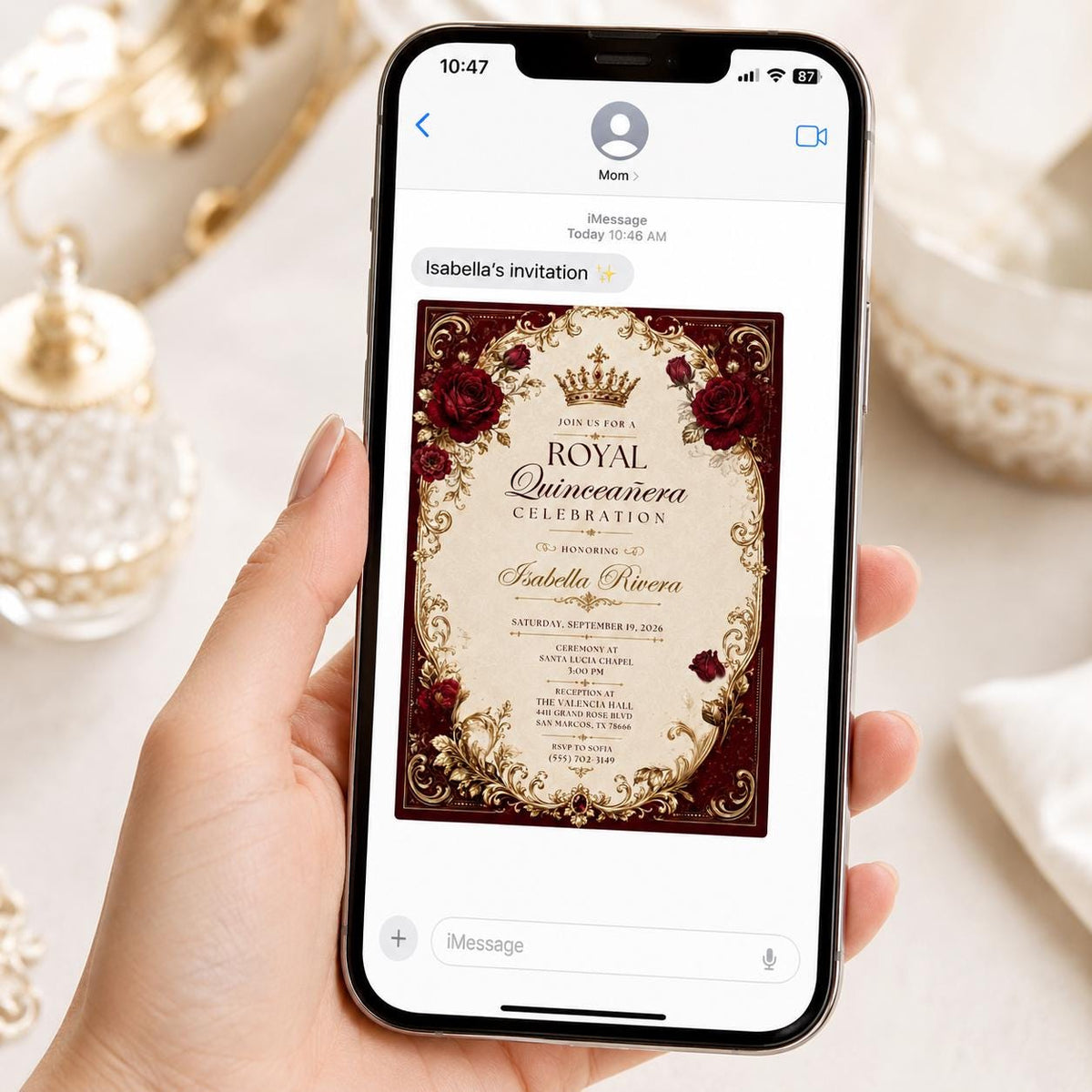 Red Elegant Burgundy Gold Quinceanera Invitation — rose design