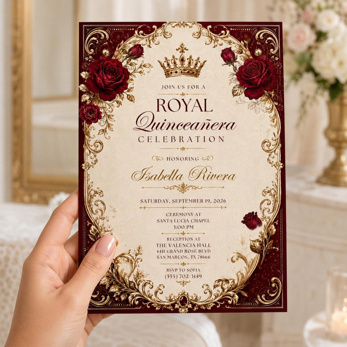Red Elegant Burgundy Gold Quinceanera Invitation — invitation you personalize in Canva