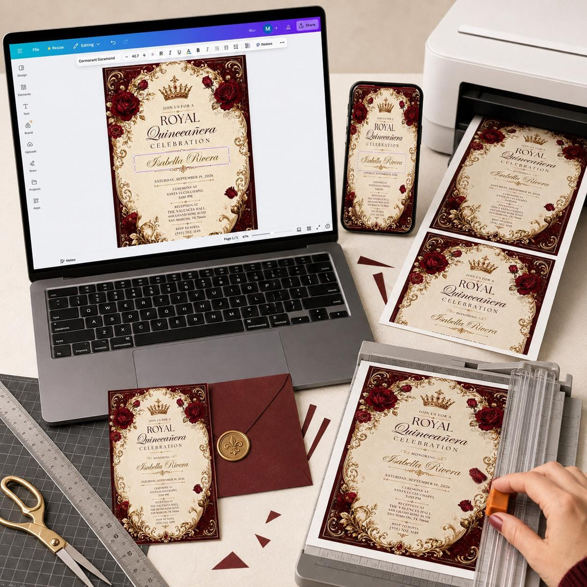 Red Elegant Burgundy Gold Quinceanera Invitation — print-ready quinceañera design from VoltBy