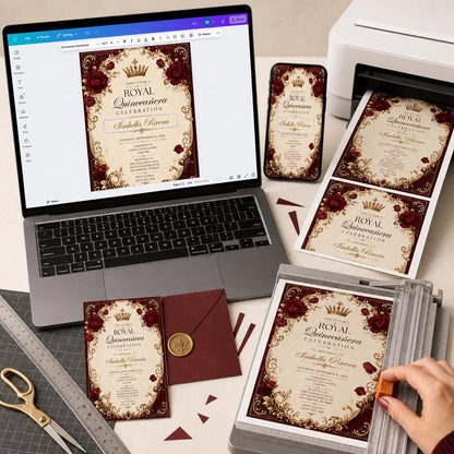 Red Elegant Burgundy Gold Quinceanera Invitation — print-ready quinceañera design from VoltBy